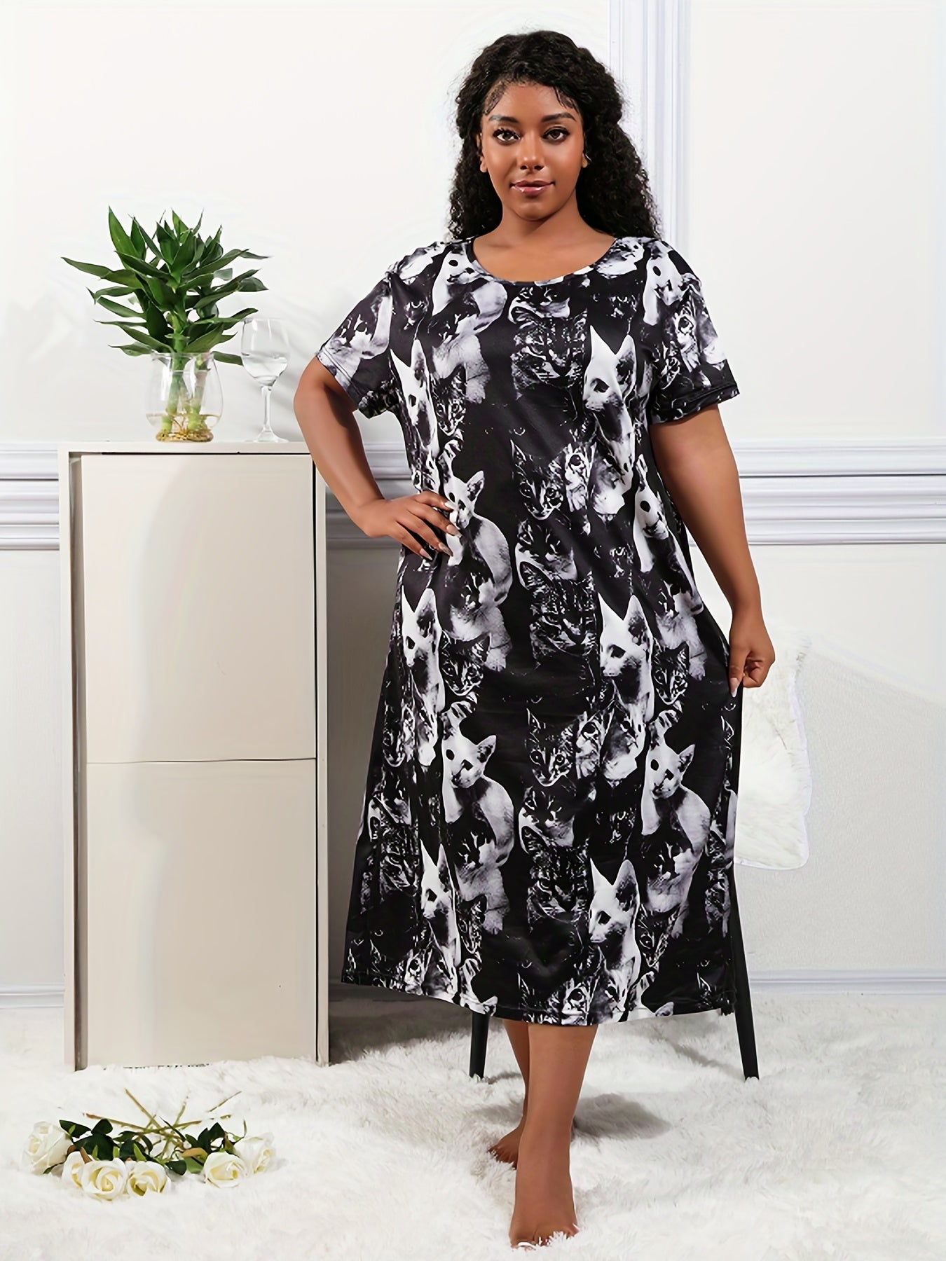  Colorblock Cat Print Nightdress
