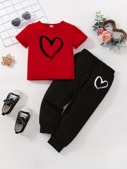 Girls Heart Print Short Sleeve T shirt & Sweatpants Set