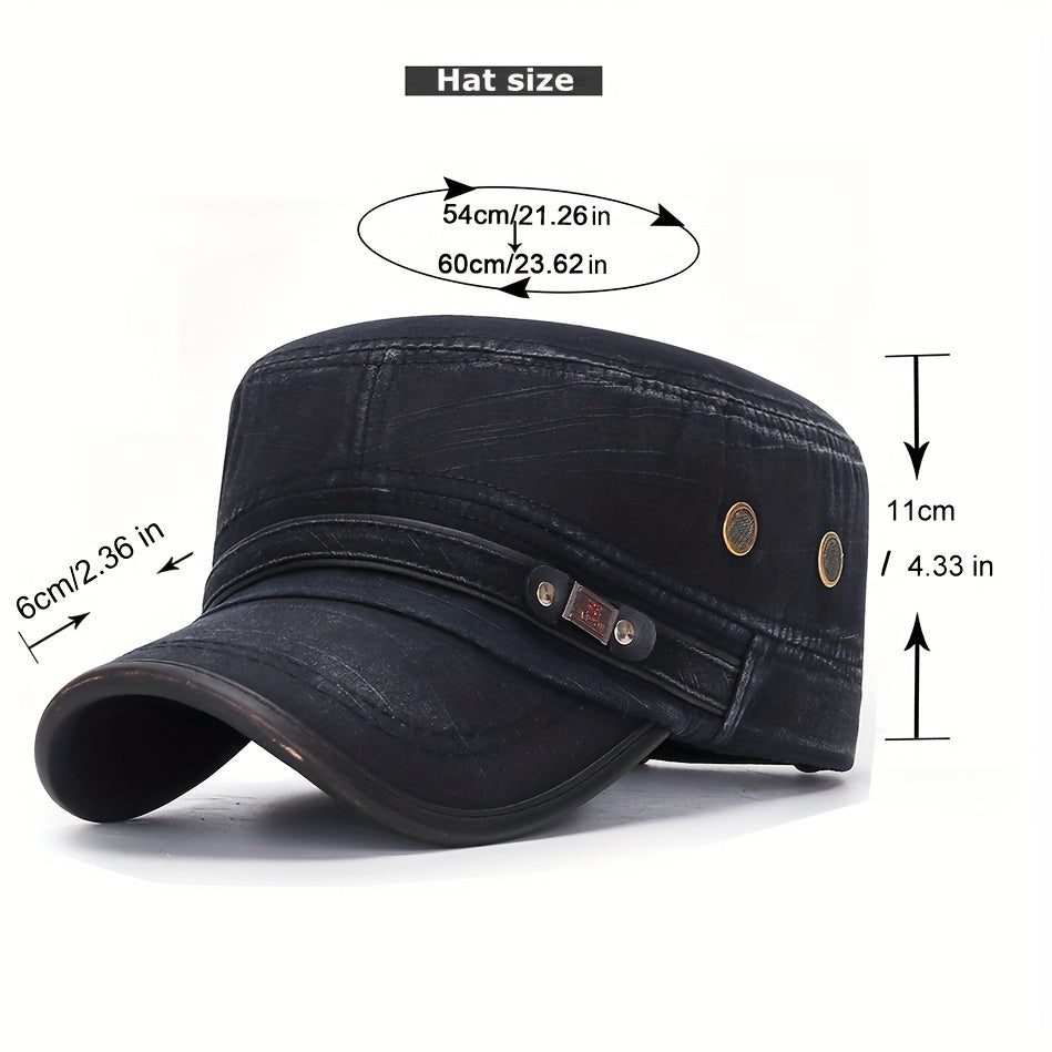 Slub Cotton Flat Cap Retro Leather Trim Baseball Cap