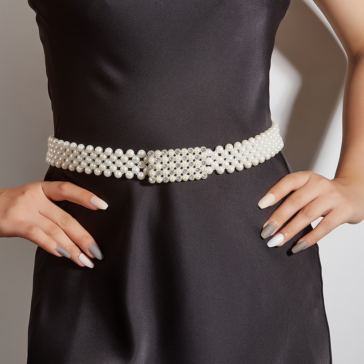 Faux Pearl Rhinestone Buckle Elastic Waist Belt