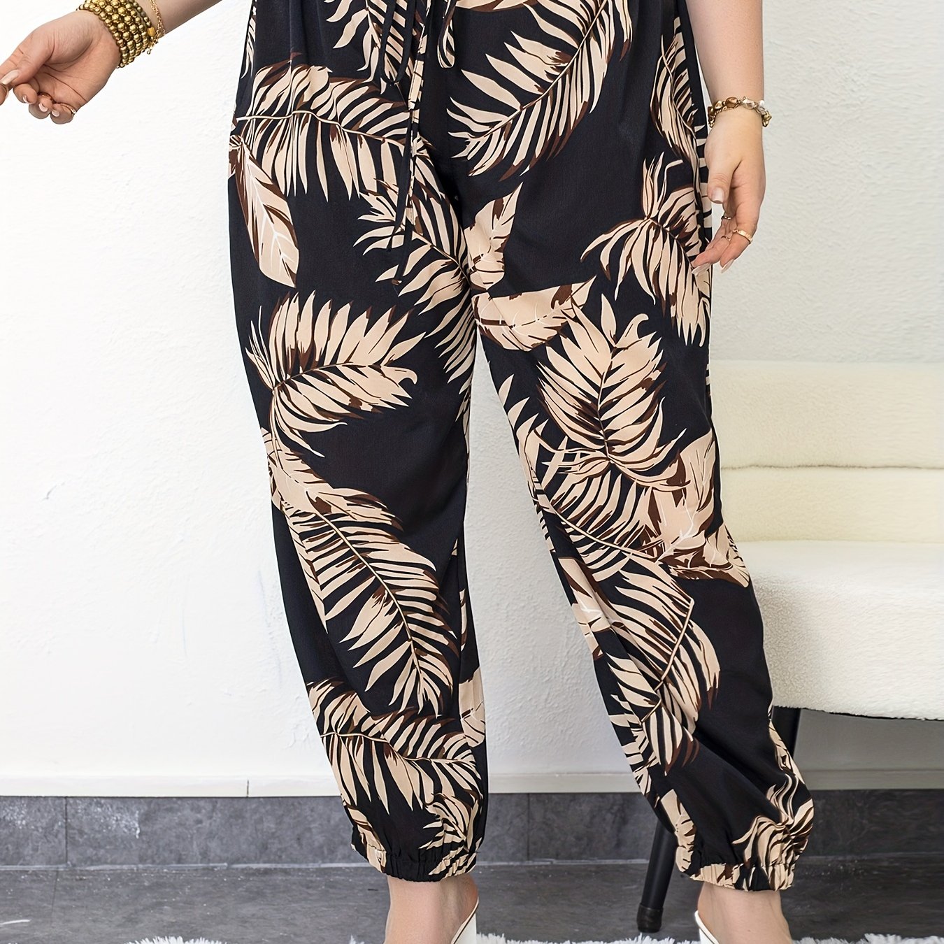  Boho Pants Women Leaf Print Tapered Leg P