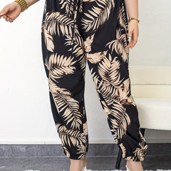  Boho Pants Women Leaf Print Tapered Leg P