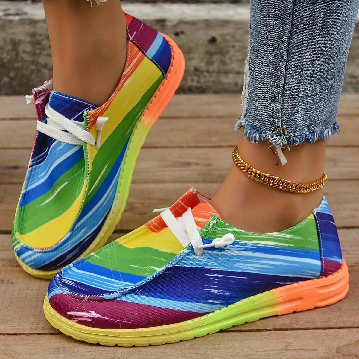 Striped Pattern Canvas Shoes Lace Up Lightweight Sneakers