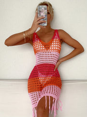 Hollow Out Dress Multicolor V Neck Crochet Cover Up