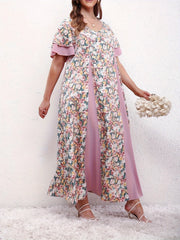  Colorblock Floral Print Ruffle Sleeve Dress