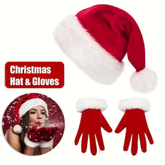 Red Velvet Santa Hat & Gloves Set Festive Christmas Accessories