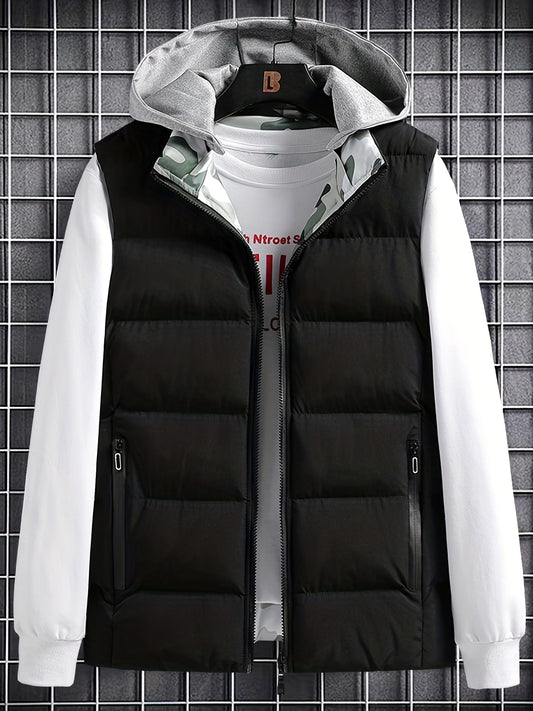 Men's Hooded Zip Up Cotton Vest with Pockets