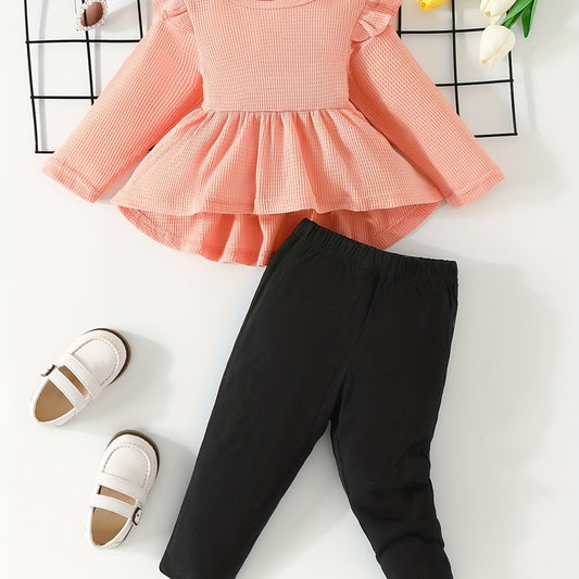 Baby Girls Cartoon Ruffled Ribbed Peplum Top & Pants Set