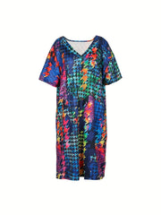  Houndstooth Print Short Sleeve V Neck Dress With Pockets