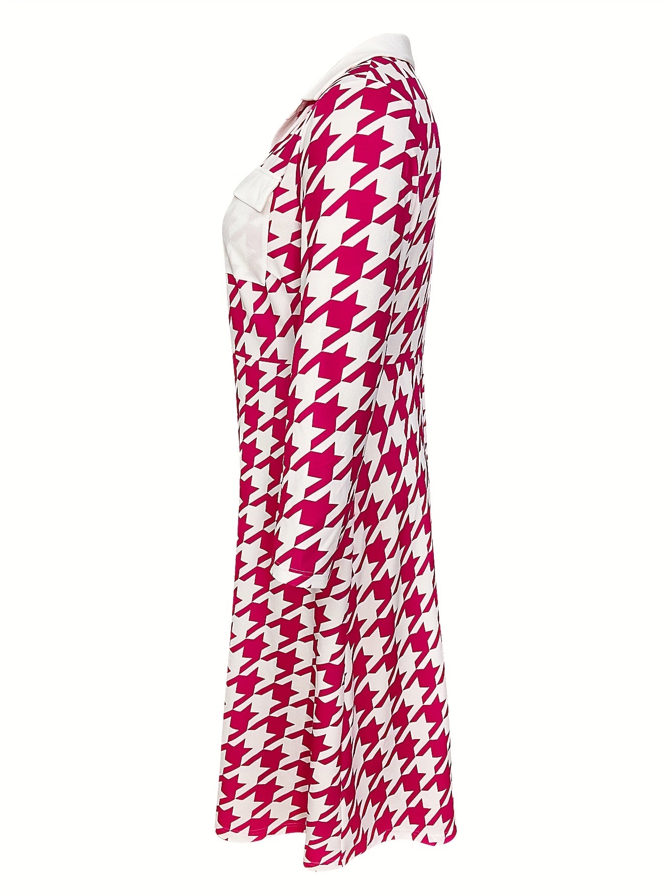  Colorblock Houndstooth Print Button Up Long Sleeve Shirt Dress
