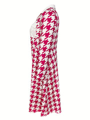 Colorblock Houndstooth Print Button Up Long Sleeve Shirt Dress