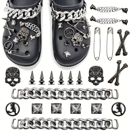 22pcs Punk Metal Rivets Shoe Charms with Chain - Pointed Toe Charms Accessories