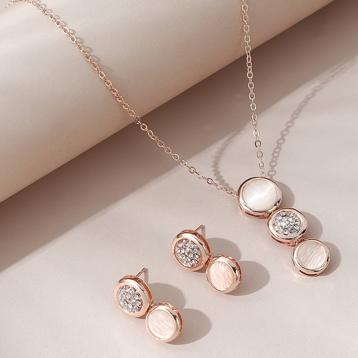 Opal Jewelry Set Pendant Necklace & Earrings Rhinestone Inlaid Sweet Women Gift
