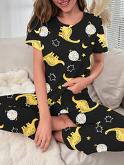 Dinosaur Print Pajama Set Short Sleeve Crew Neck Top & Elastic Waistband Pants