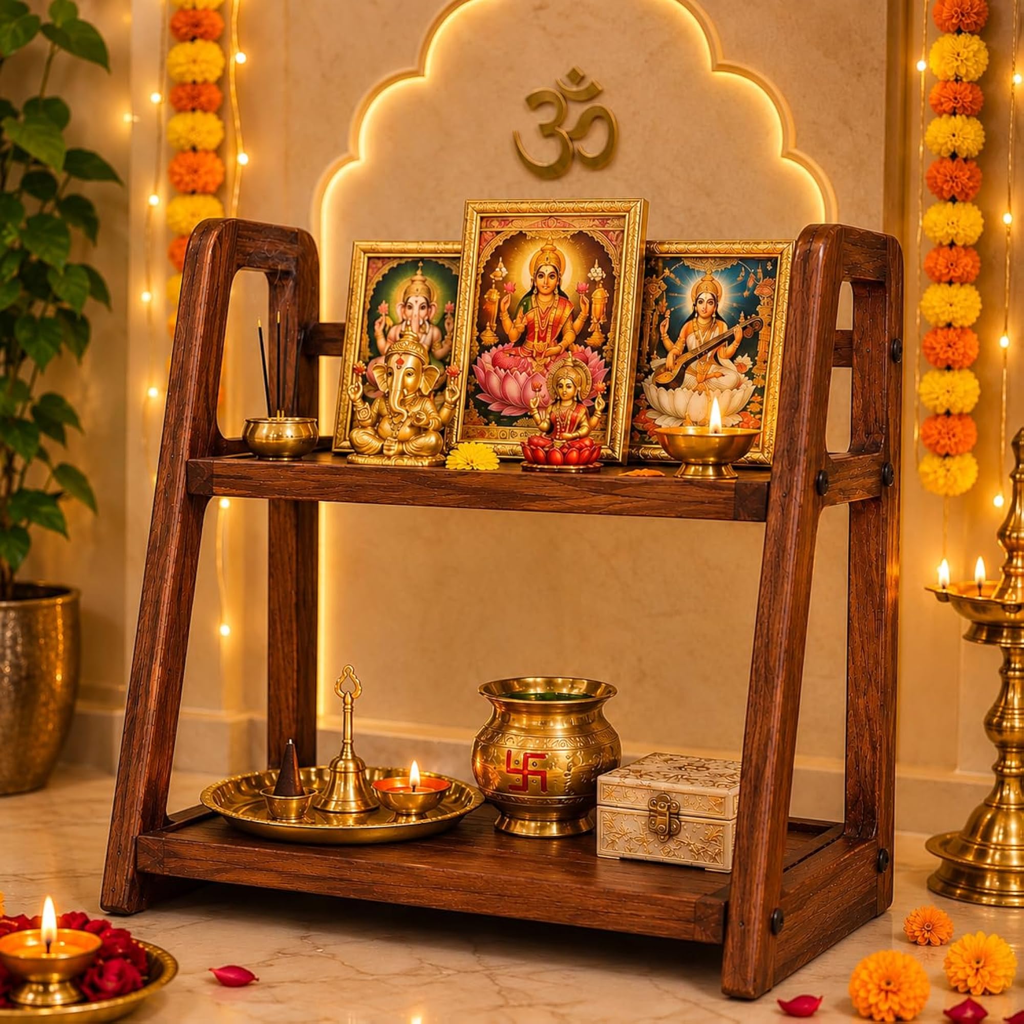 2-Tier Wooden Puja Mandir Rack Organizer for Idols – CRAZE