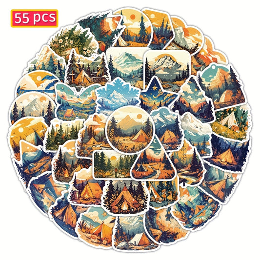 55pcs Adventure Camping Tent Stickers Rustic Nature Decals