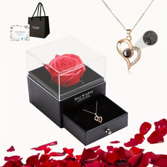 Red Rose Necklace with Heart-Shaped Ocean Pendant