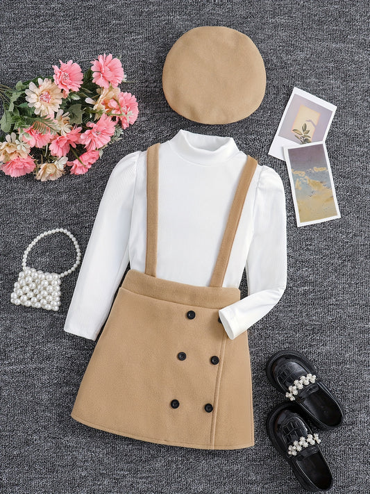 Long Sleeve Top & Suspender Skirt Girl's Set With Hat
