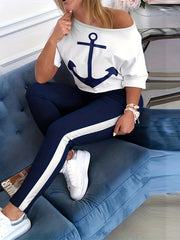 Navy Sports Set Anchor Print Top & Skinny Pants