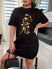  Bear Print Casual Tee Dress