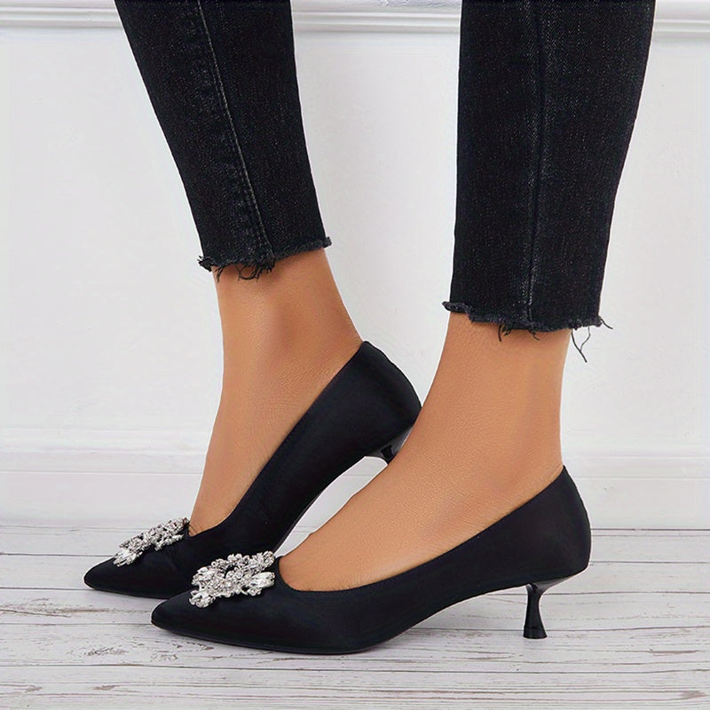 Women's Satin Kitten Heels Rhinestone Slip On Low Heels