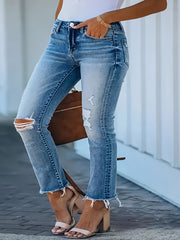  Casual Jeans High Stretch Ripped Raw Trim Button Fly