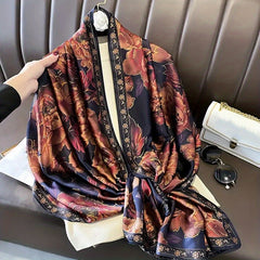 Vintage Rose Print Wine Red Silk Shawl Head Wrap Beach Towel