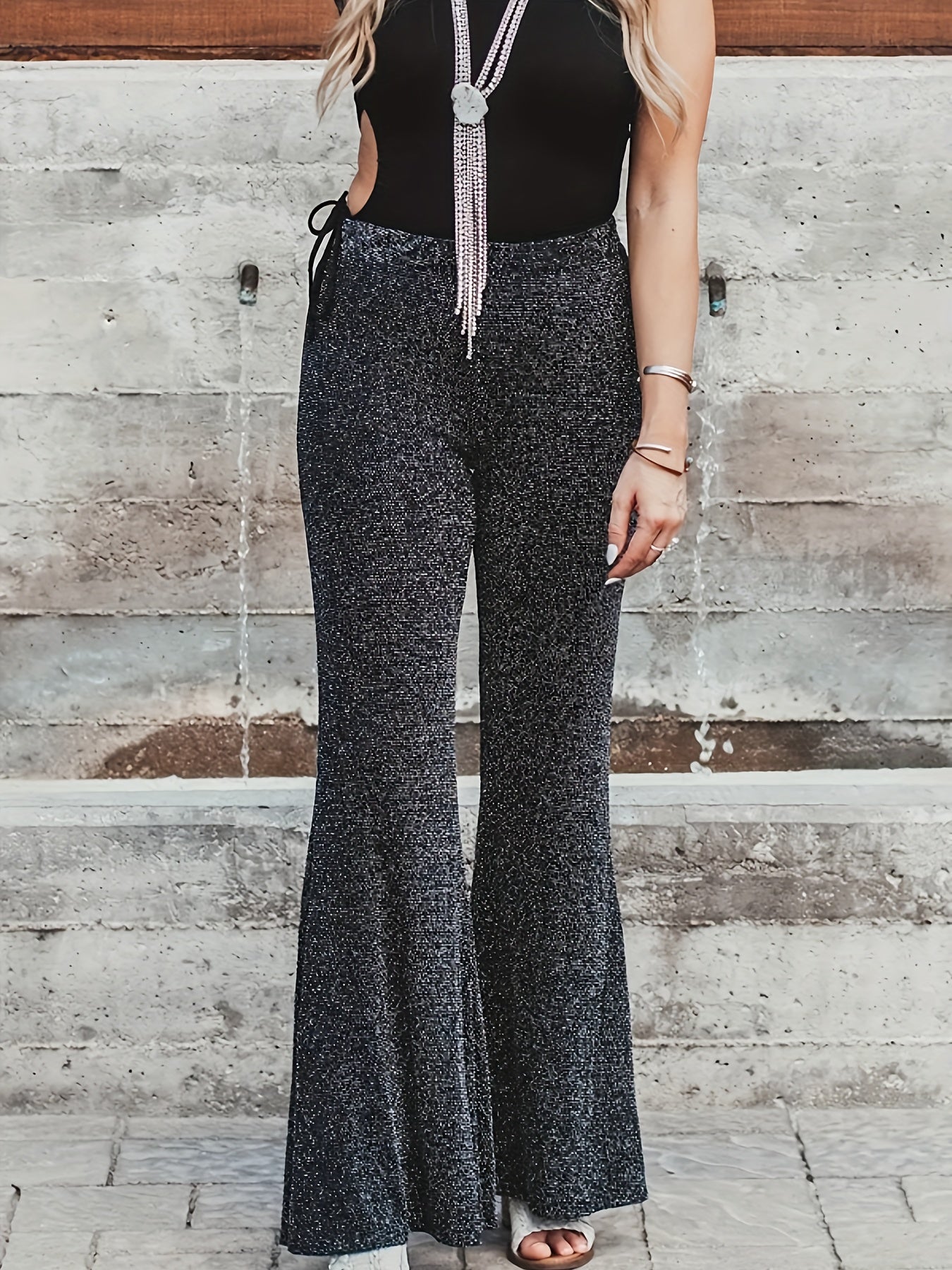  Solid High Rise Flared Leg Trousers
