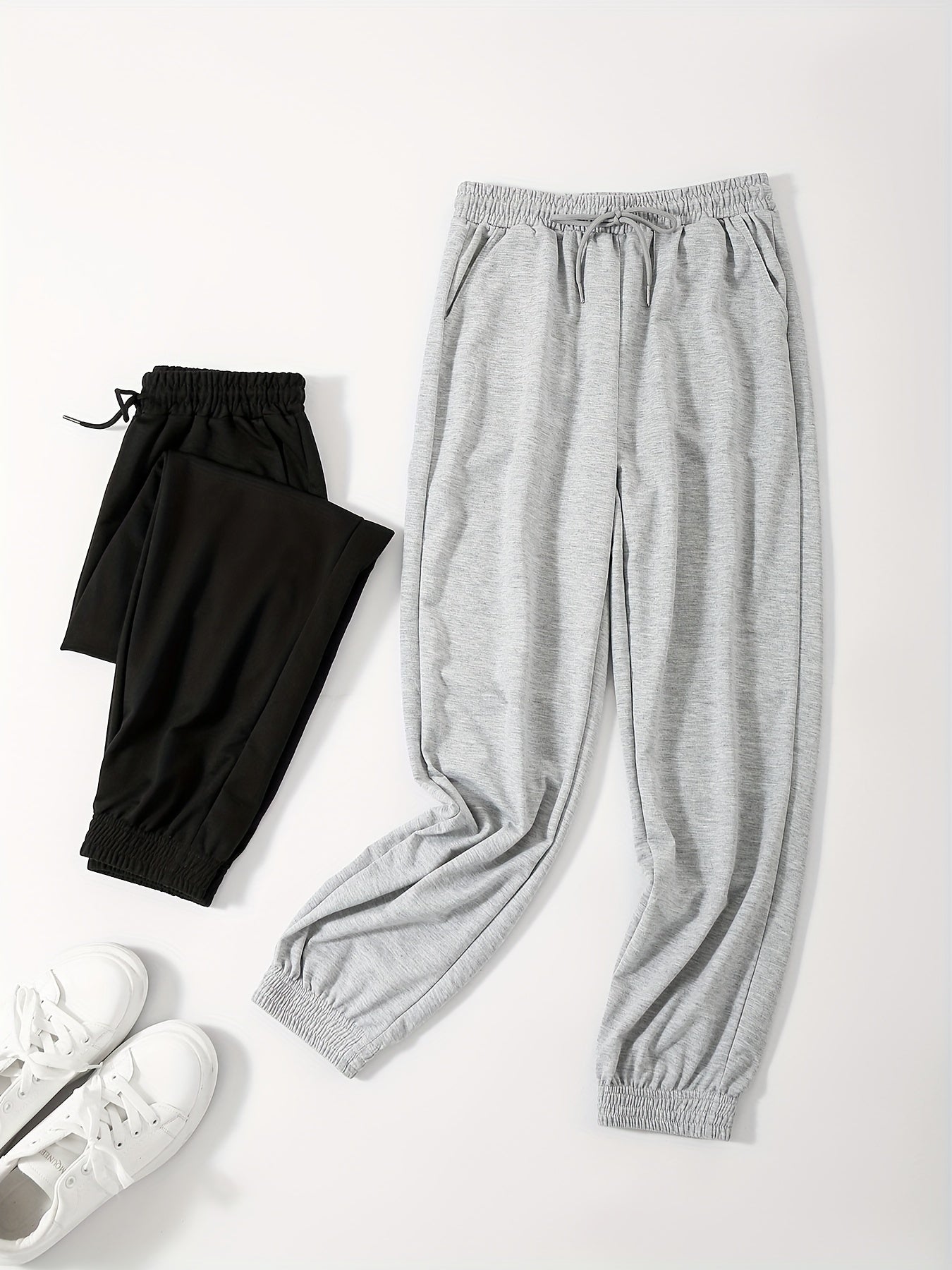 2pcs Women's Solid Loose Pants with Elastic Waist
