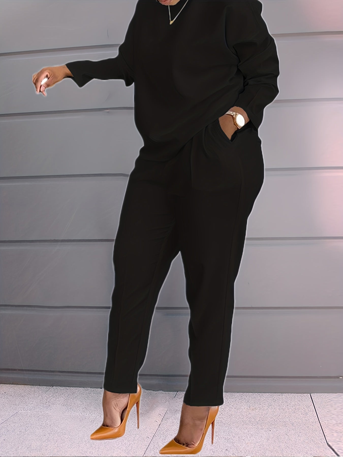 Casual 2-Piece Set Crew Neck Long Sleeve Top & Wide Leg Pants Outfit