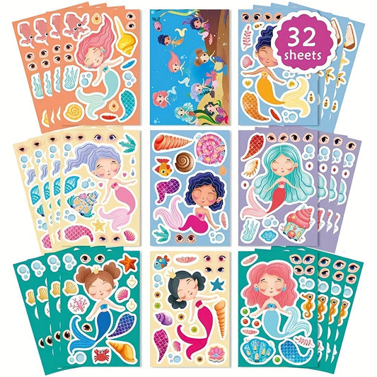 Mermaid Sticker Set for Kids - 32 Sheets Mermaid Princess Face Stickers