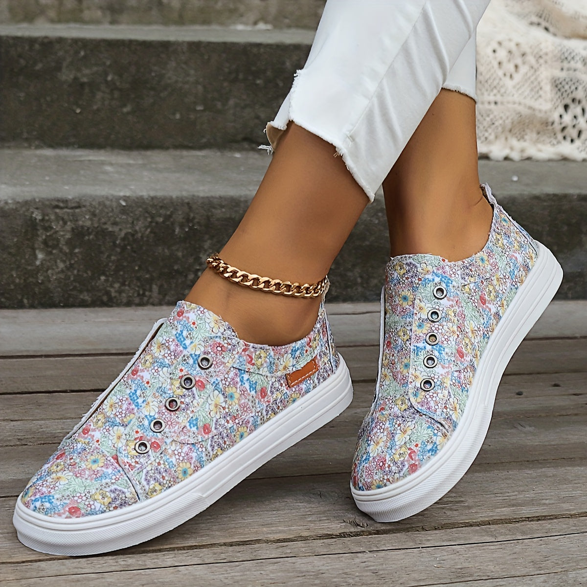 Floral Print Canvas Flat Skate Shoes Women
