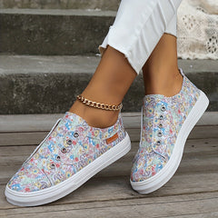 Floral Print Canvas Flat Skate Shoes Women