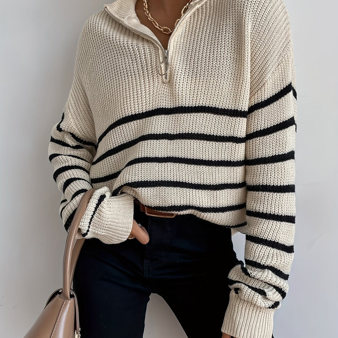  Stripe Print Zipper High Neck Jumper