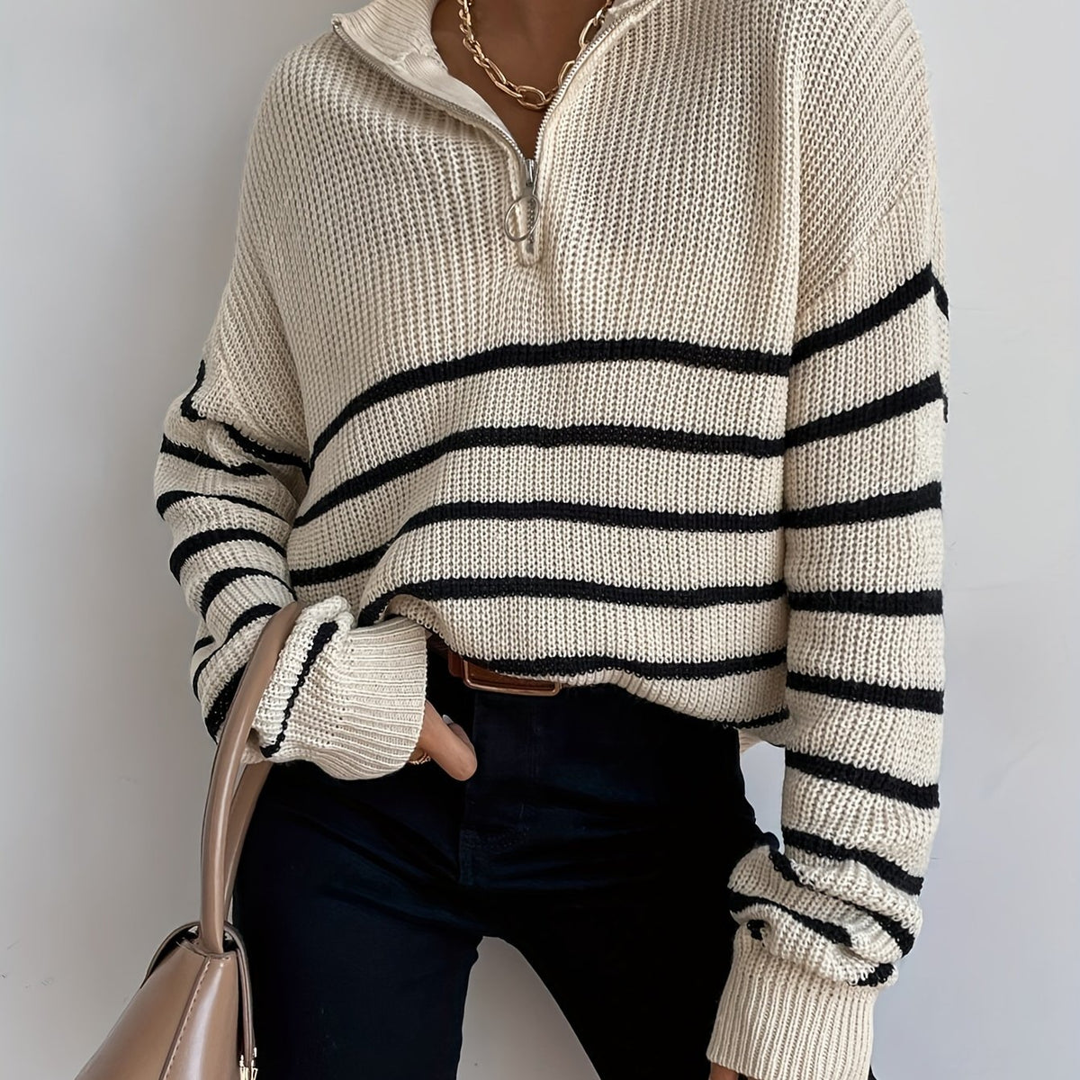  Stripe Print Zipper High Neck Jumper