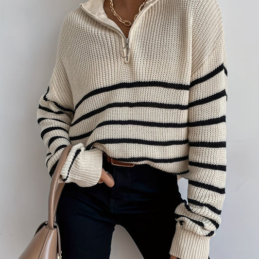  Stripe Print Zipper High Neck Jumper