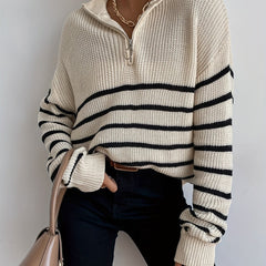  Stripe Print Zipper High Neck Jumper
