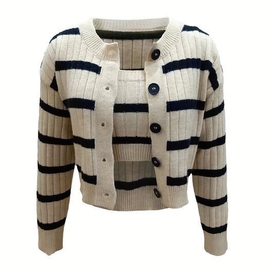 Stripe Pattern Knitted Two piece Set Long Sleeve Top & Crop Cami Outfits