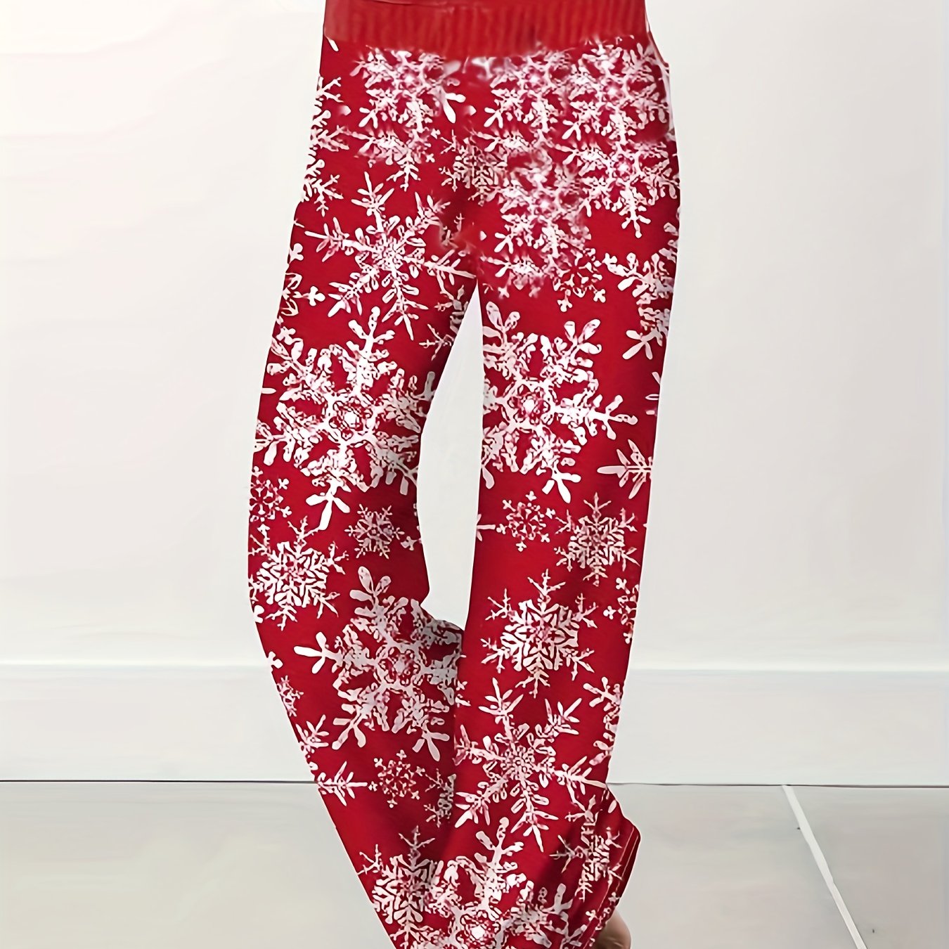  Snowflake Print Wide Leg Trousers with High Rise Elastic Waist