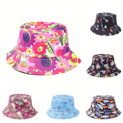 Cartoon Flower Print Reversible Bucket Hat Breathable Fisherman Cap