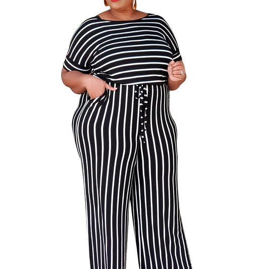  Striped Wide Leg Short Sleeve Jumpsuit Women's Plus Medium Stretch