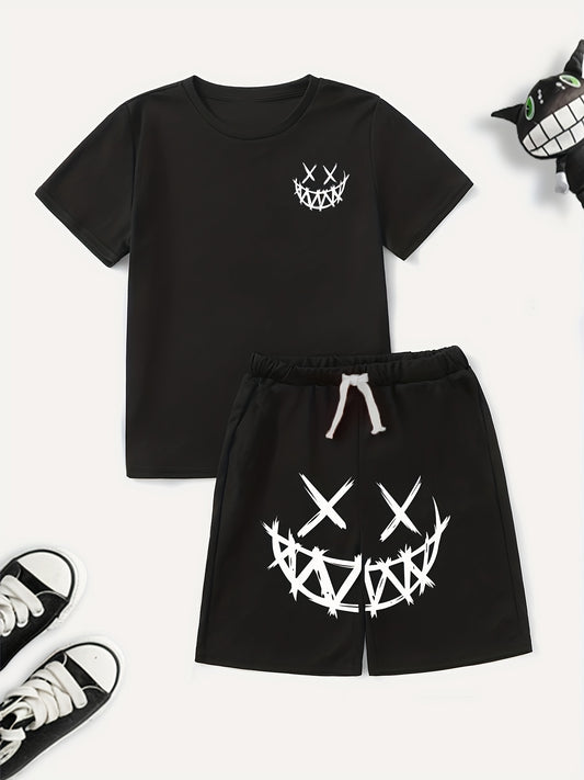 Boy's Happy Face Print T-shirt & Drawstring Shorts Set