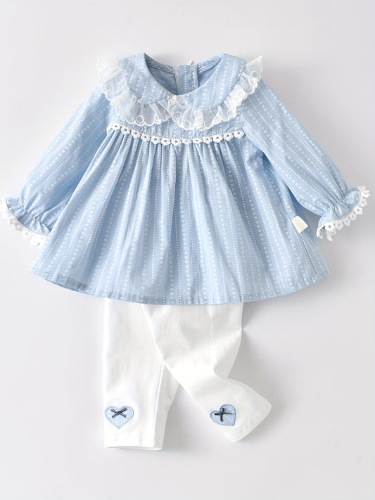 Baby Girl Lace Trim Puff Dress & Pants Set