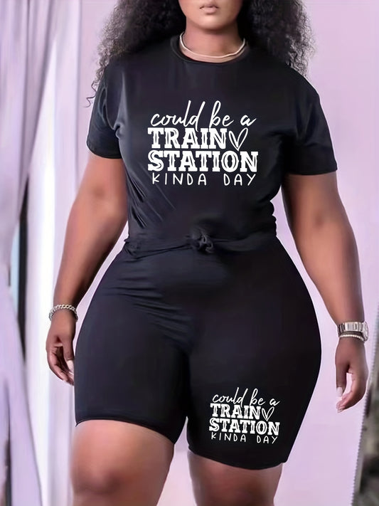 Women's Plus Heart Print Tee & Biker Shorts Set