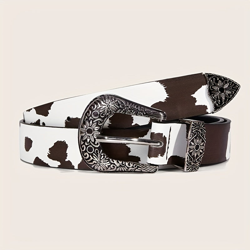  Cow Pattern PU Belt Western Carved Buckle Belts Punk Waistband