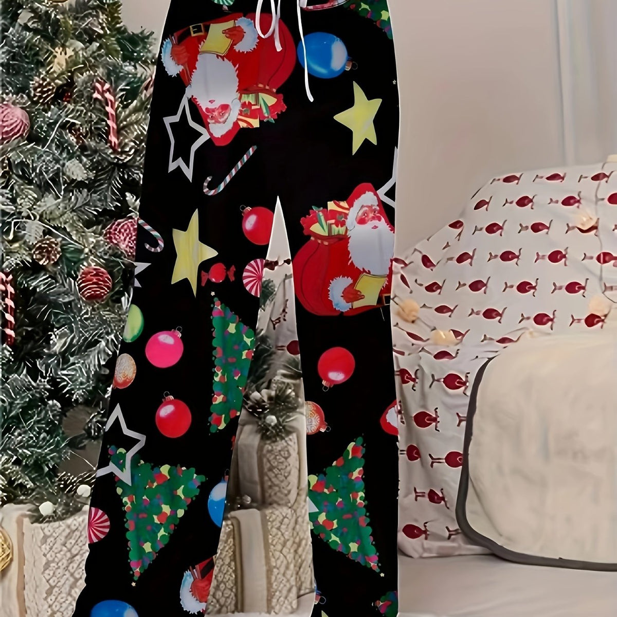 Women's Plus Christmas Tree & Santa Claus Print High Rise Wide Leg Pants