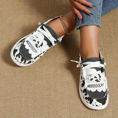 Cow Pattern Canvas Shoes Lace Up Lightweight Outdoor Walking Shoes