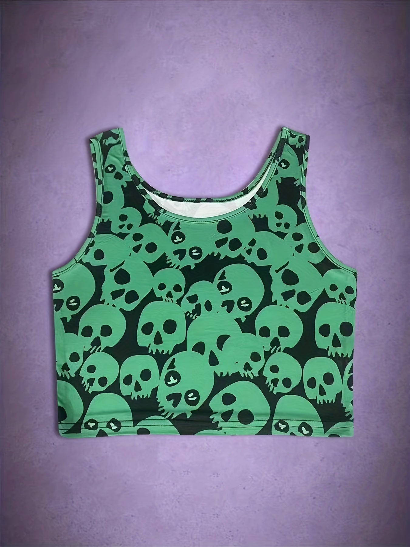Halloween Skull Print Crop Tank Top Sexy Crew Neck Sleeveless Top For Summer