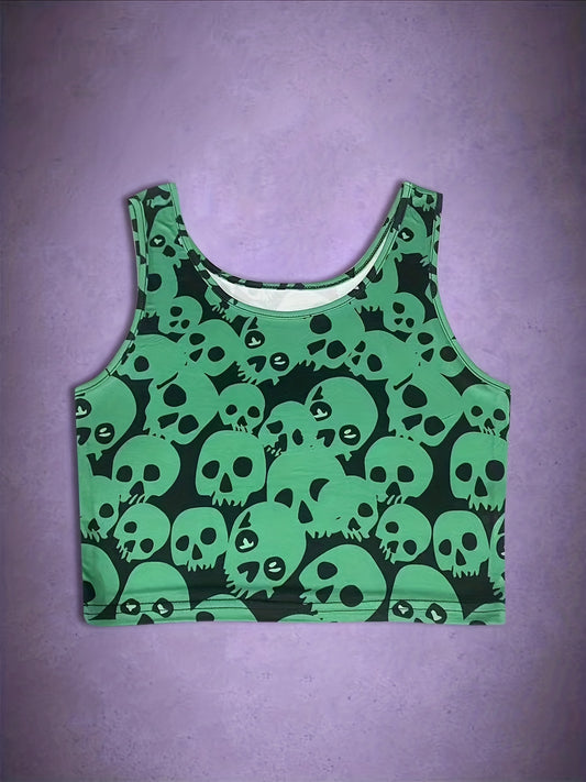 Halloween Skull Print Crop Tank Top Sexy Crew Neck Sleeveless Top For Summer