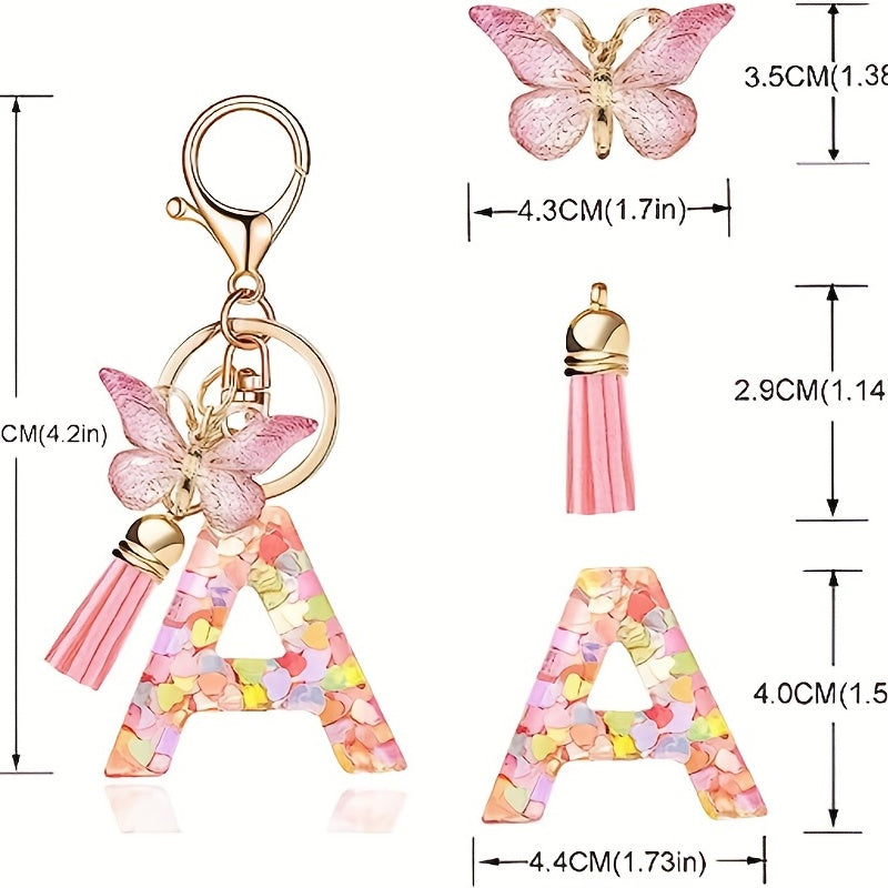 Initial Letter Keychain Tassel Butterfly Pendant Key Ring For Purse Handbags